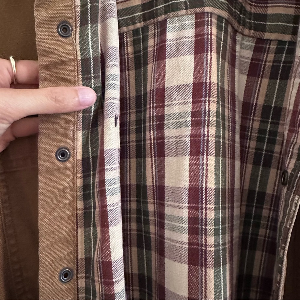 LL Bean Chore Jacket Barn Coat Shacket Brown Plaid Cotton Size Medium - Picture 3 of 5